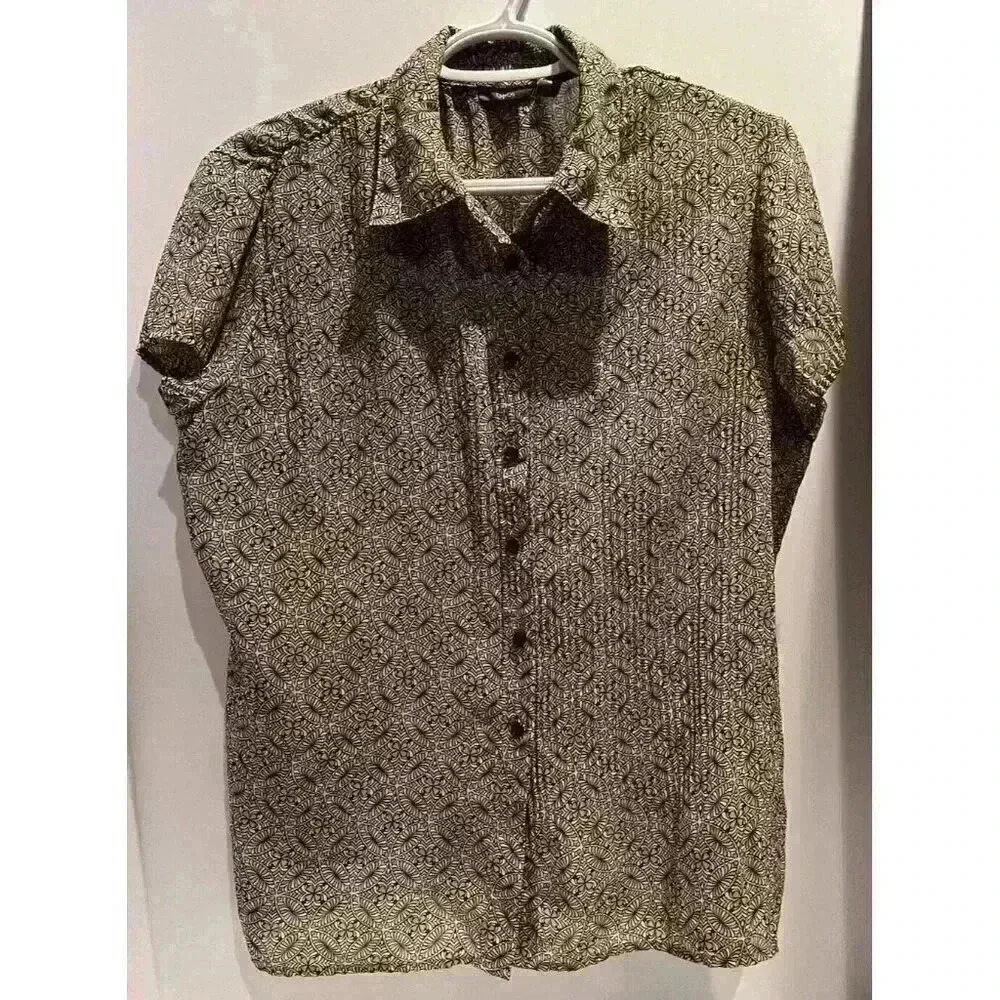 Earthy Geo Print Cap Sleeve Button Up Blouse • Boho Academia M